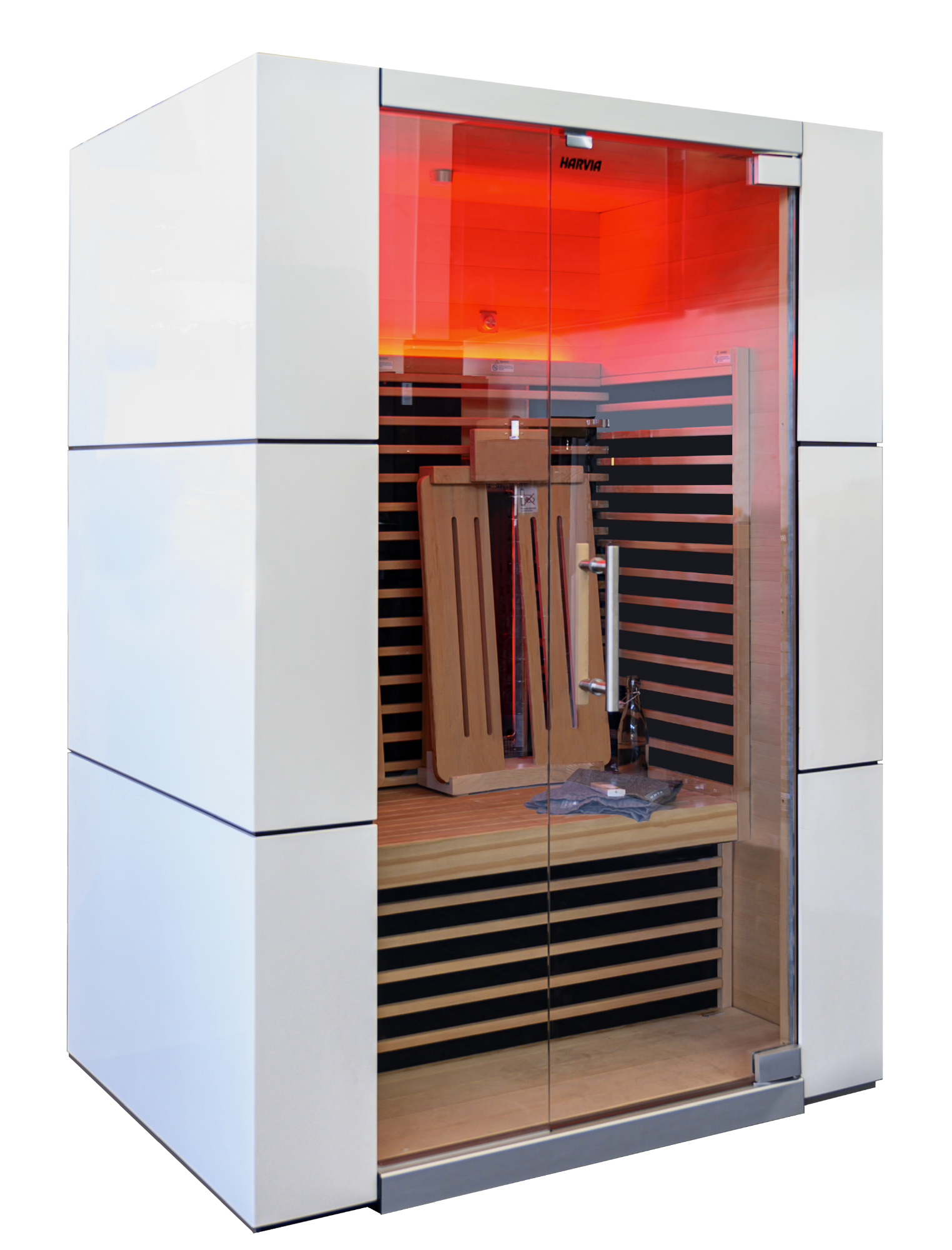 Spectrum infrared sauna with glass door and wooden interior.