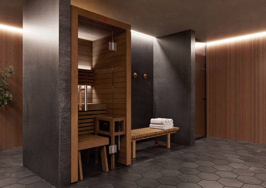 Sauna Utu in a room with wooden benches and towels.