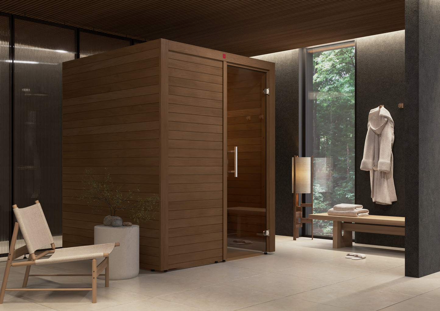 Utu sauna with shower and wooden bench.