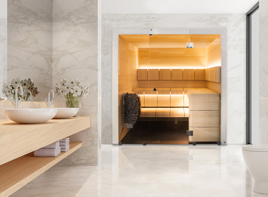 Ventura sauna with sink and wooden cabinet.