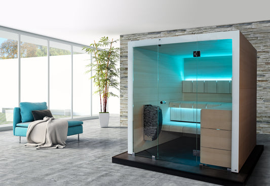 Harvia Ventura sauna with glass wall and modern design.