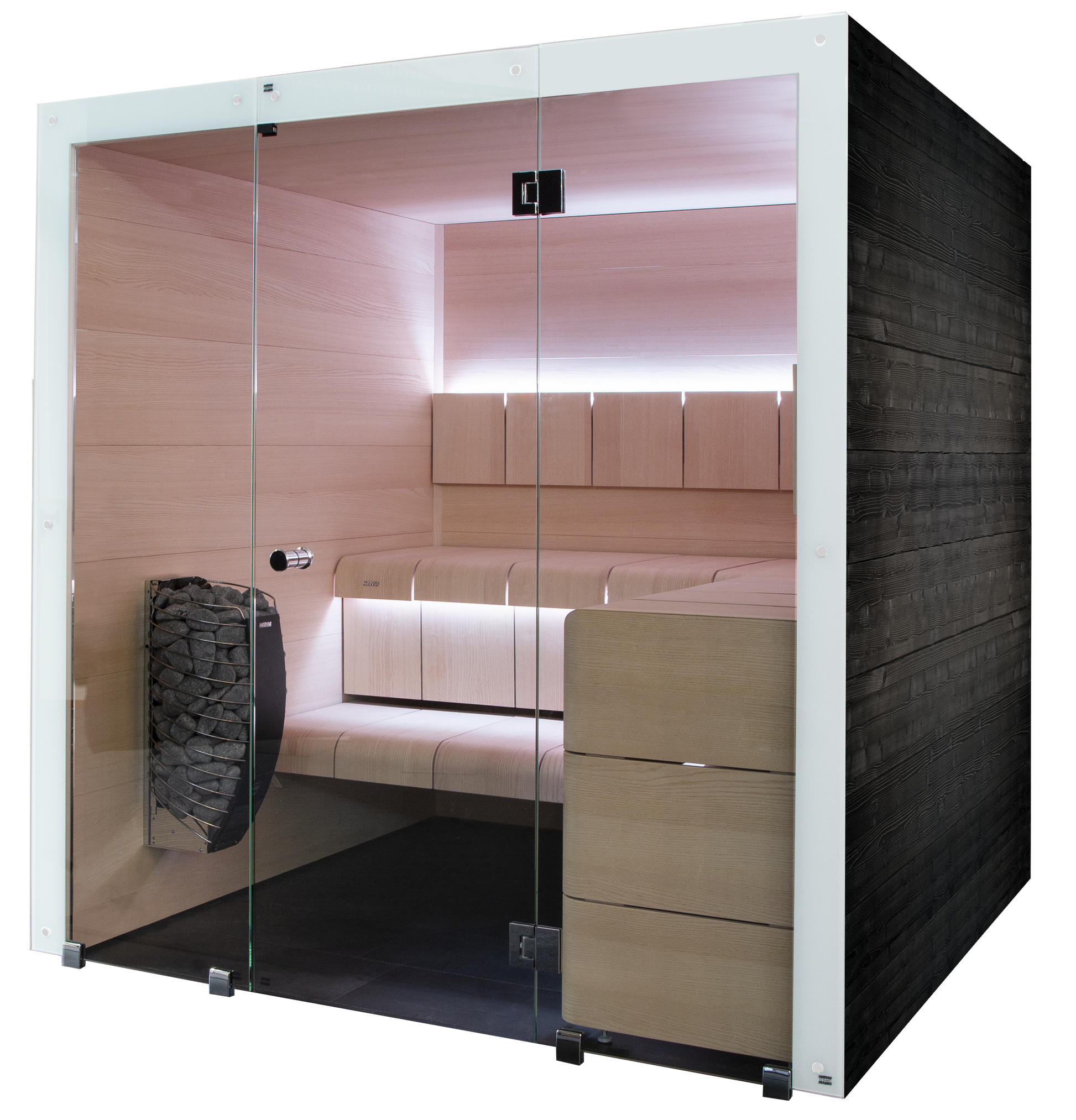 Ventura sauna in glass and wood, modern design.