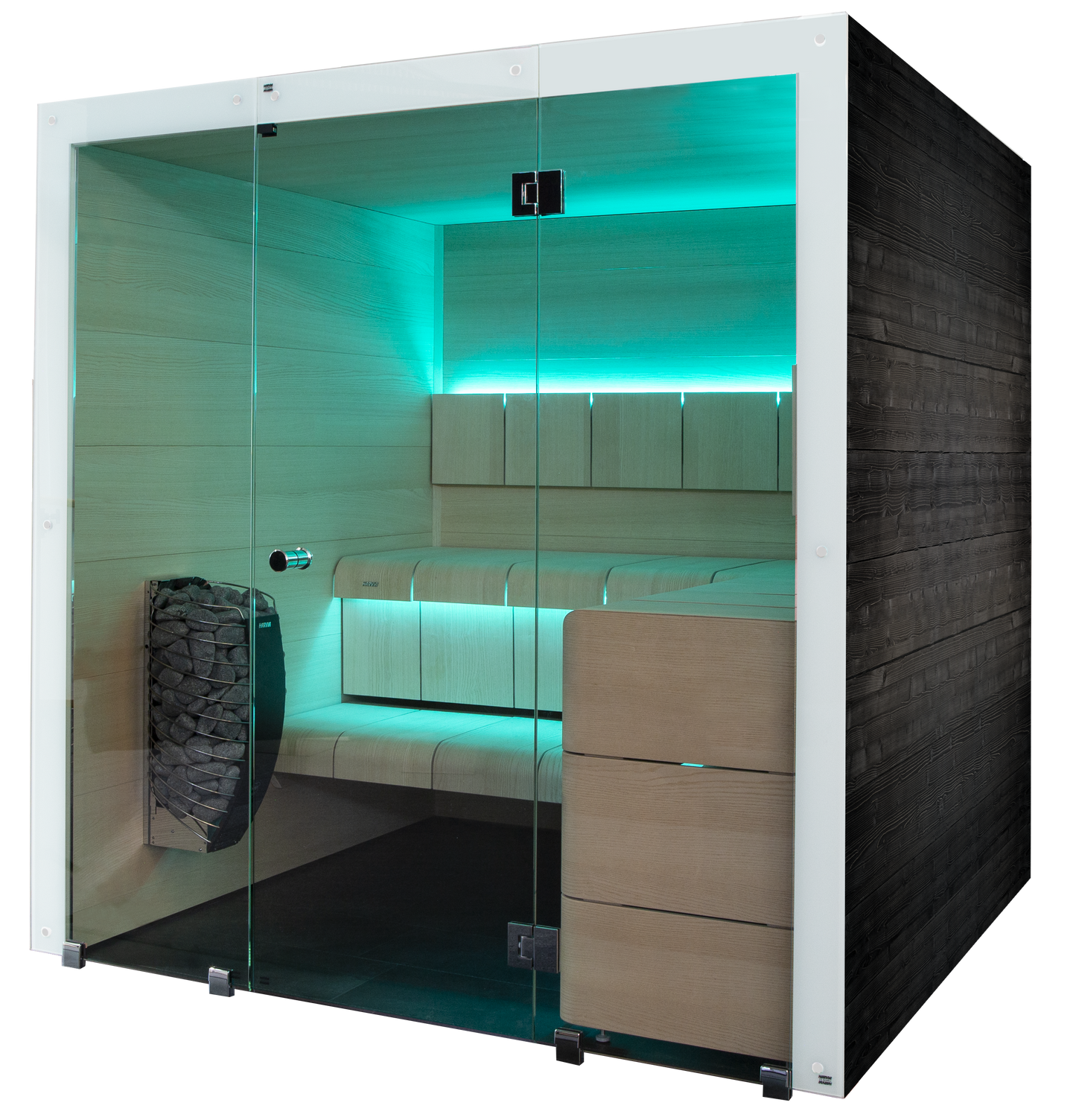 Glass and wood Ventura sauna from Harvia.