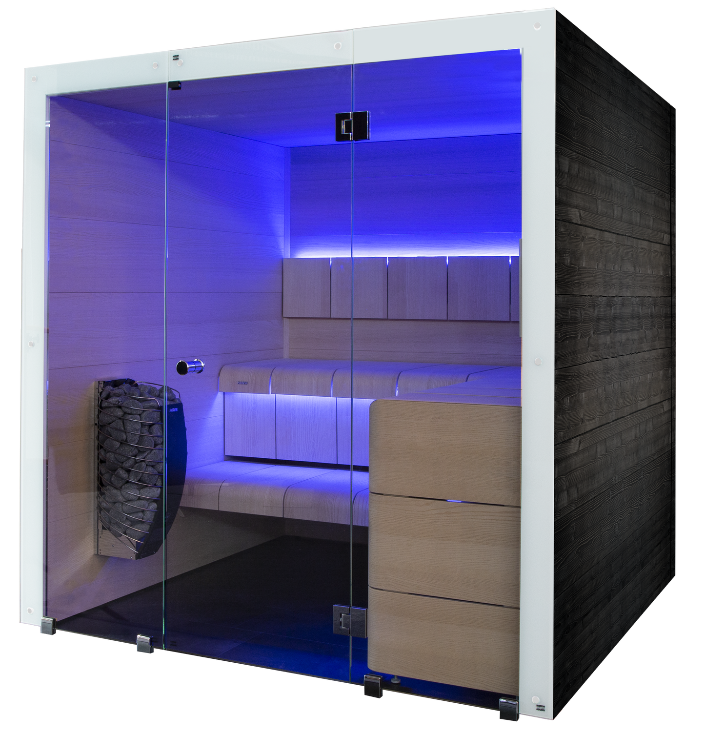 Ventura sauna in glass and wood with a modern design.