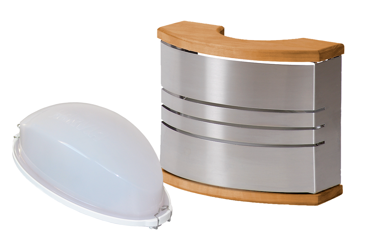 Close-up Harvia steel sauna light.