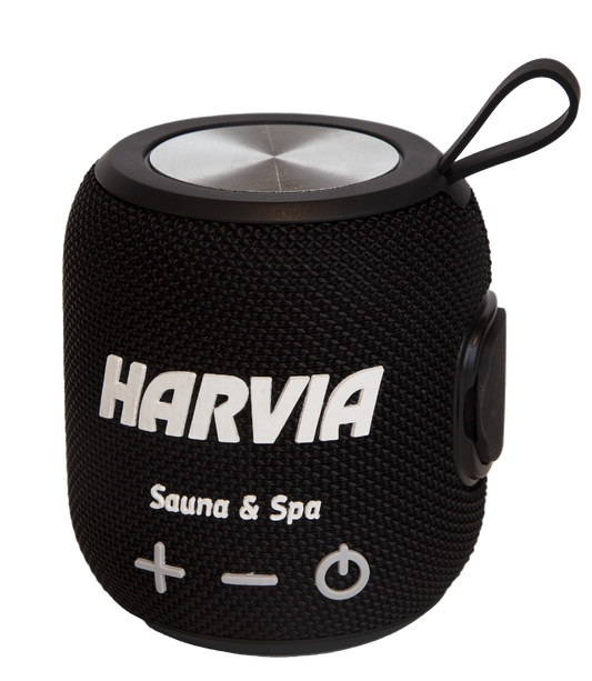 Harvia Bluetooth sauna speaker with white text.