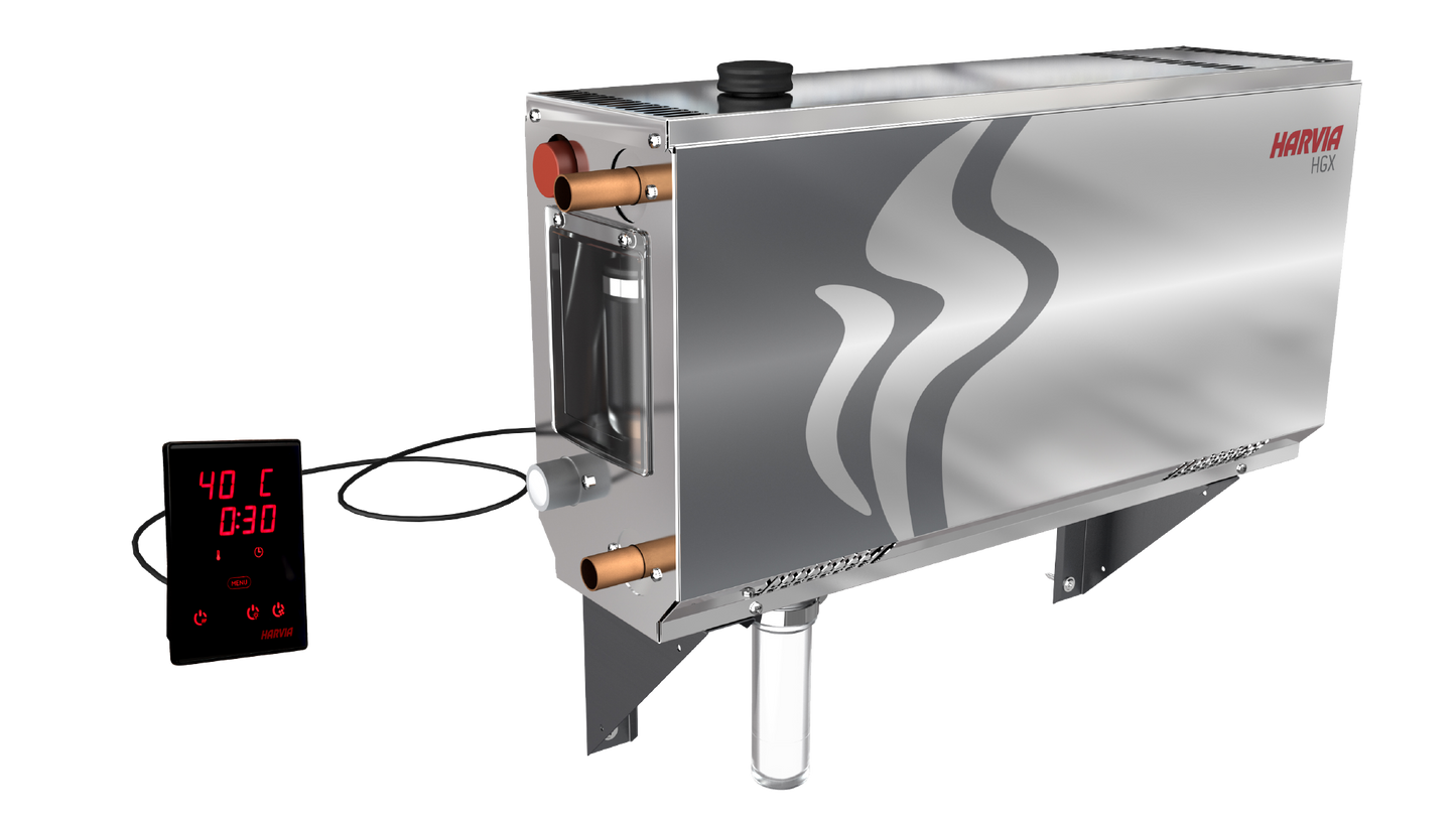 Harvia HGX steam generator in elegant metal design.