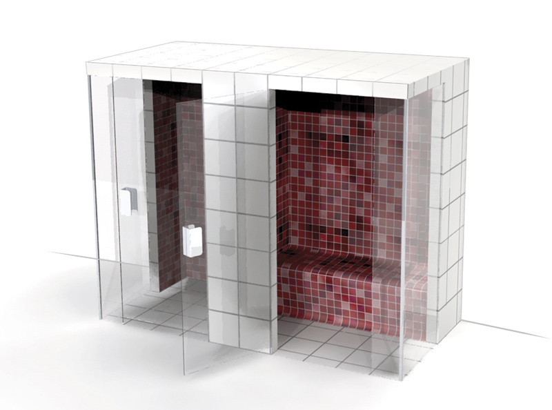 Nord Turkish bath with red tiled floor and seat.