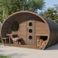 Outdoor sauna Saunamo Hobbit 300 with rustic design and round windows.