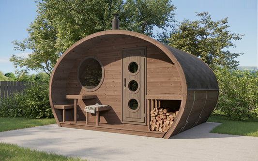 Outdoor sauna Saunamo Hobbit 300 with rustic design and round windows.