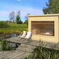 Outdoor sauna Saunamo Modular with deck chairs over water.