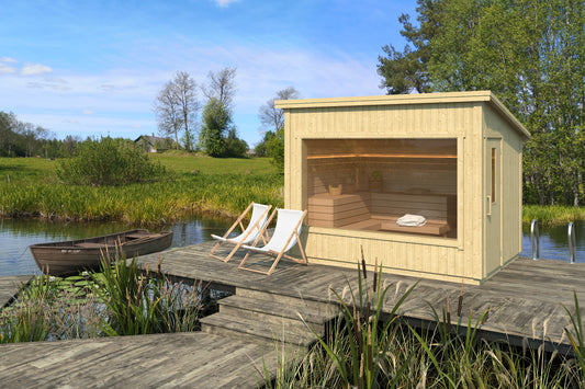 Outdoor sauna Saunamo Modular with deck chairs over water.