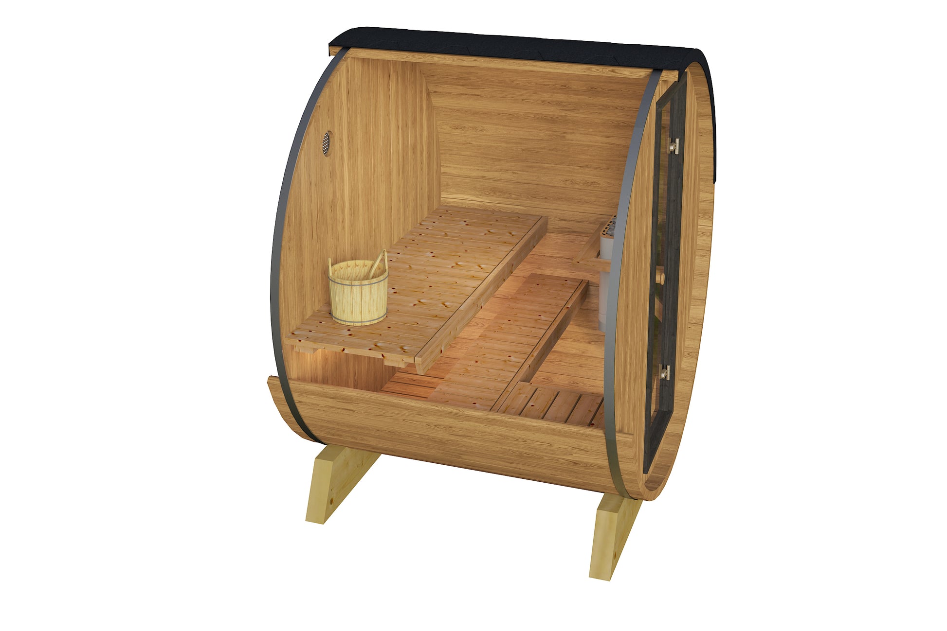 Barrel sauna Saunamo Barrel 160 with wooden bucket.