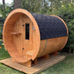 Outdoor barrel-shaped sauna 230 in the park.