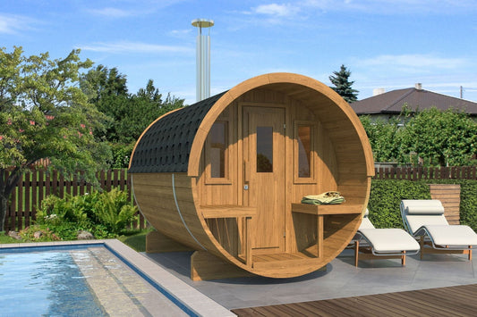 Outdoor sauna Saunamo Barrel 235 next to a swimming pool