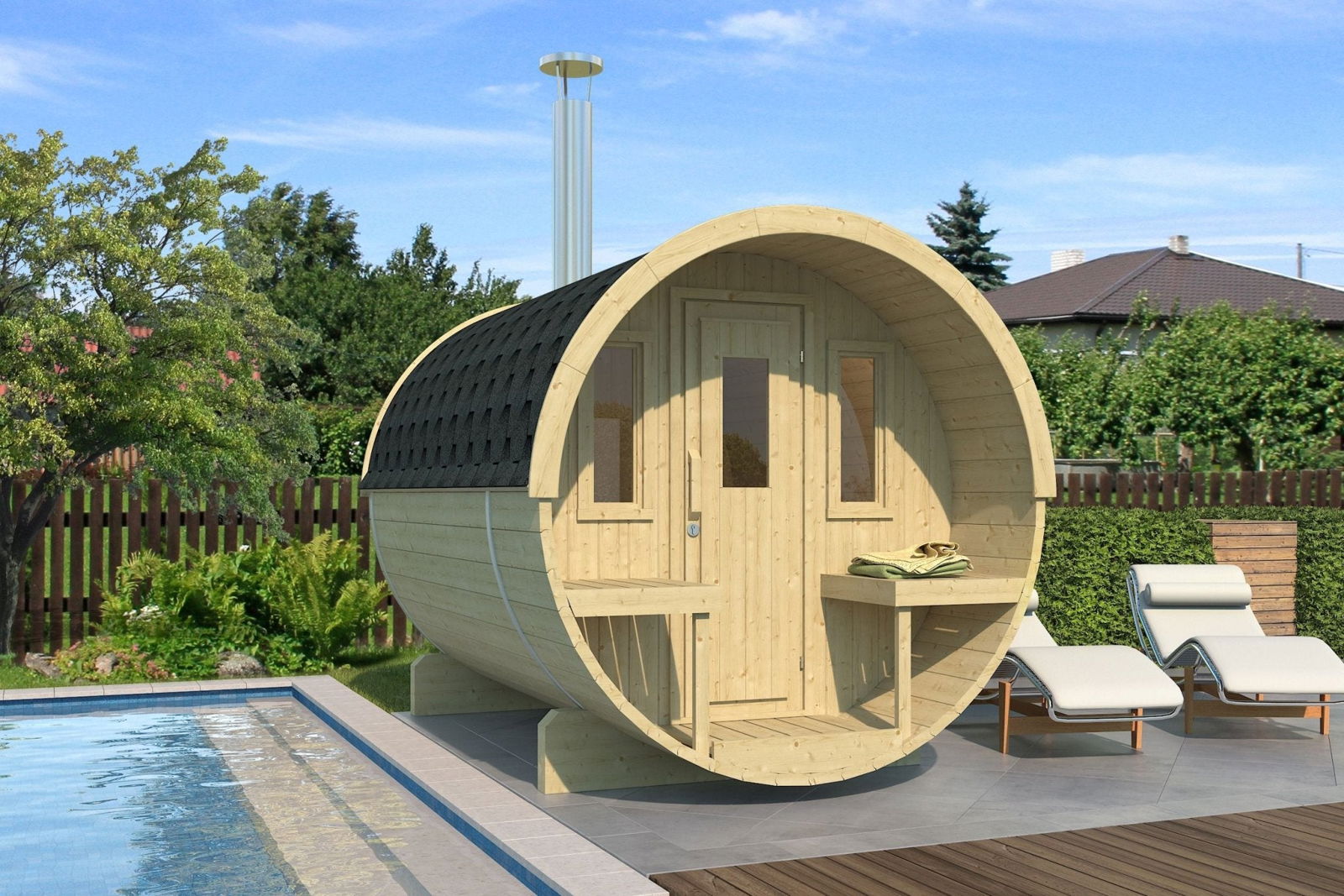 Outdoor sauna Saunamo Barrel 235 next to a swimming pool.