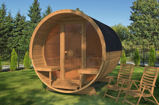 Saunamo Barrel 280 Deluxe: Barrel-shaped sauna with glass front.