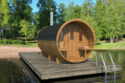 Barrel sauna Saunamo 400 on wooden platform.