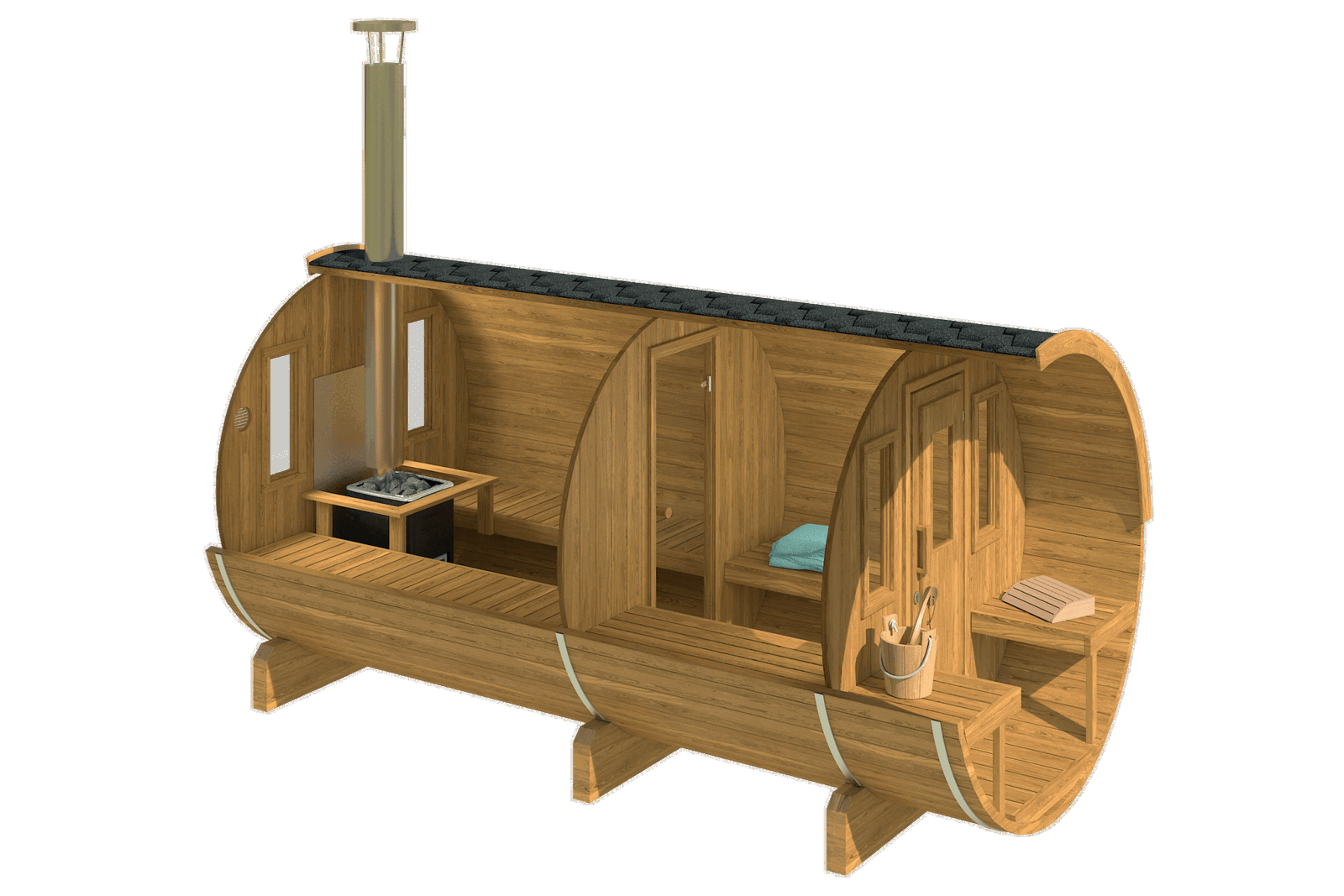 Saunamo Barrel 400: barrel-shaped sauna with benches and balcony.