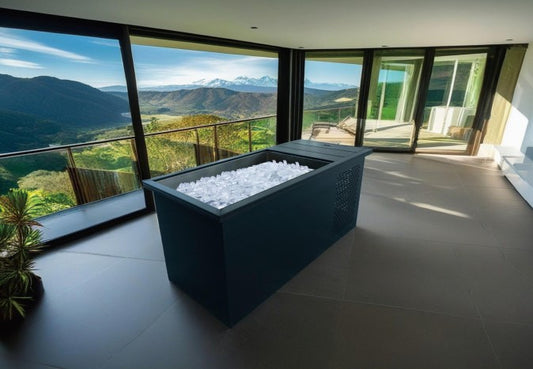 Cold Plunge Steel bathtub with ice and window at the bottom.