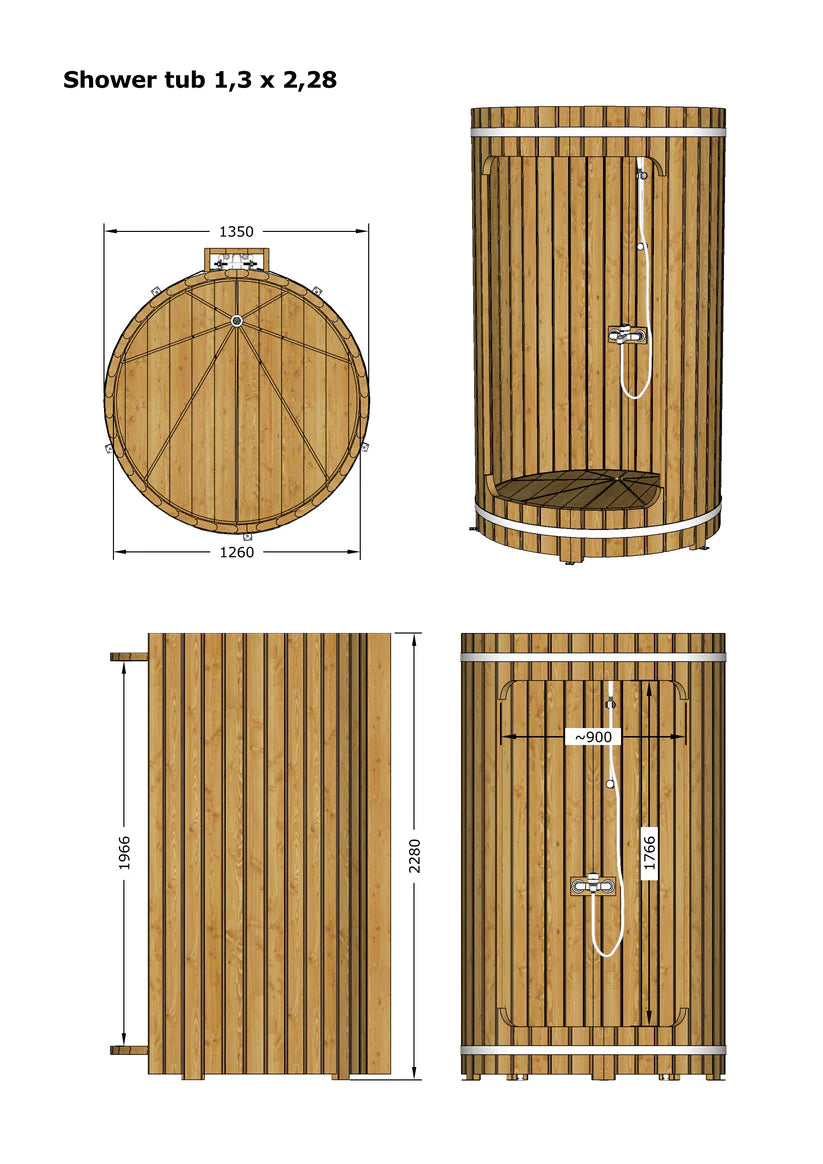 Wooden barrel shower with an open design.