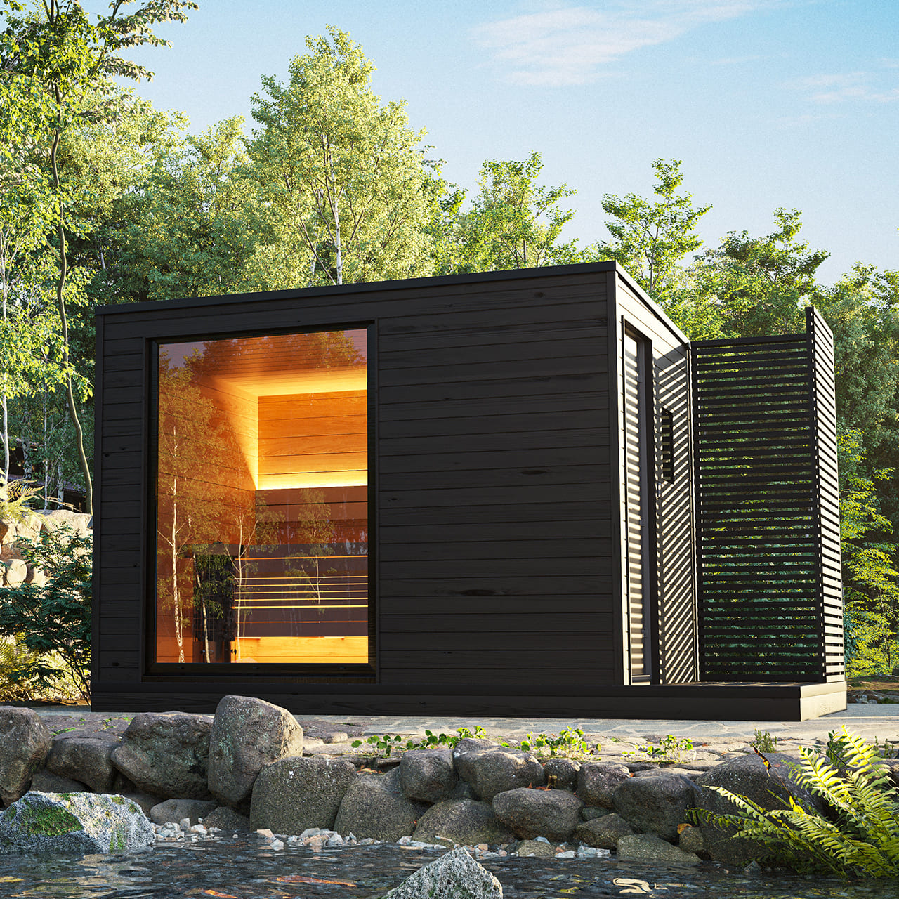 KUUT L outdoor electric sauna with glass door.