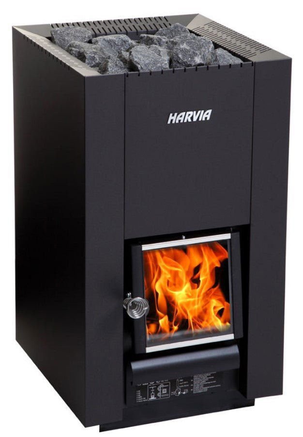 Harvia Linear Compact 18 SET com fogo visível em sauna.