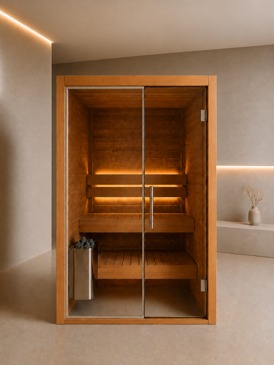 Sauna Interior Koti 2 — vista frontal, sauna interior de 2 pessoas em pinho térmico