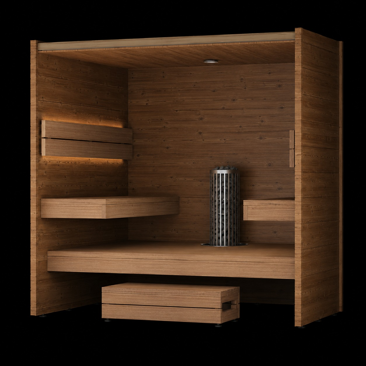 Sauna Interior Koti 3 — interior com bancos em L para 6 pessoas e aquecedor central