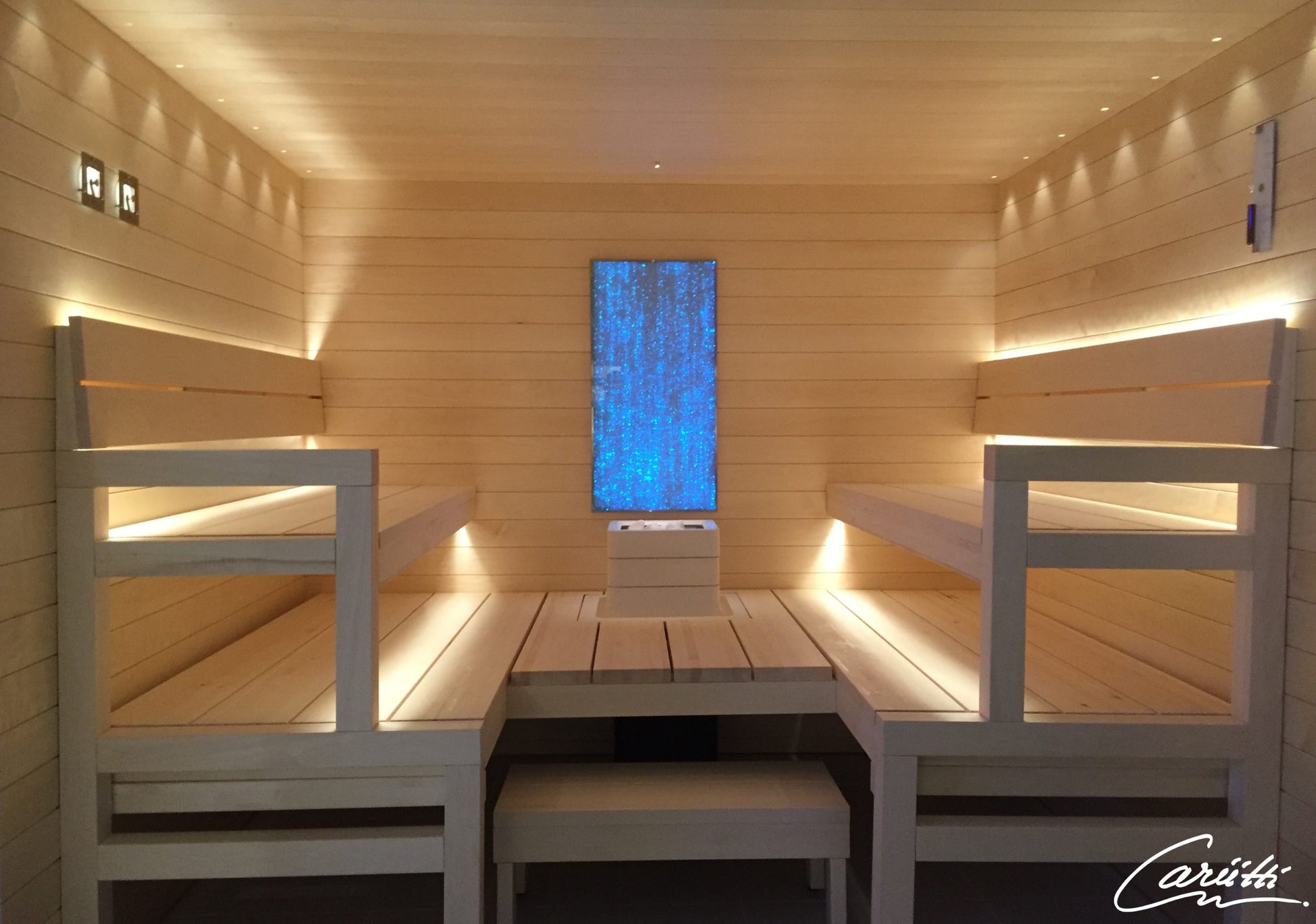 Cariitti Linear LED 2m installed in sauna with wooden benches.