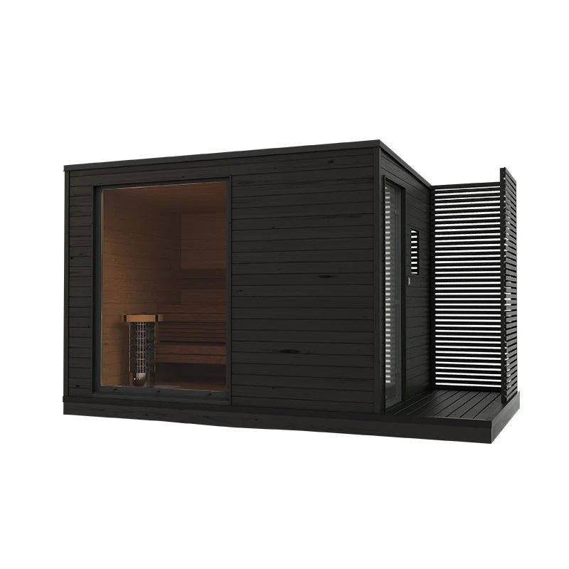 KUUT L outdoor electric sauna with glass door.