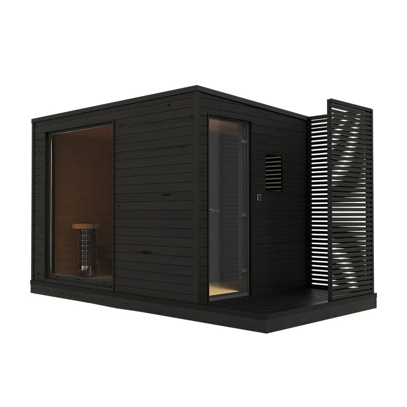 KUUT L outdoor electric sauna with open door.