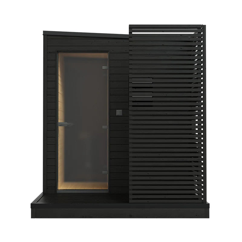 L KUUT outdoor electric sauna with glass door.