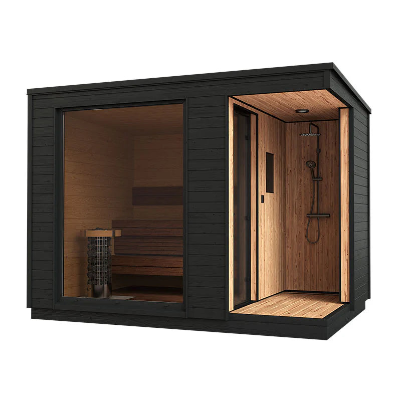 KUUT Outdoor Electric Sauna L with integrated shower.