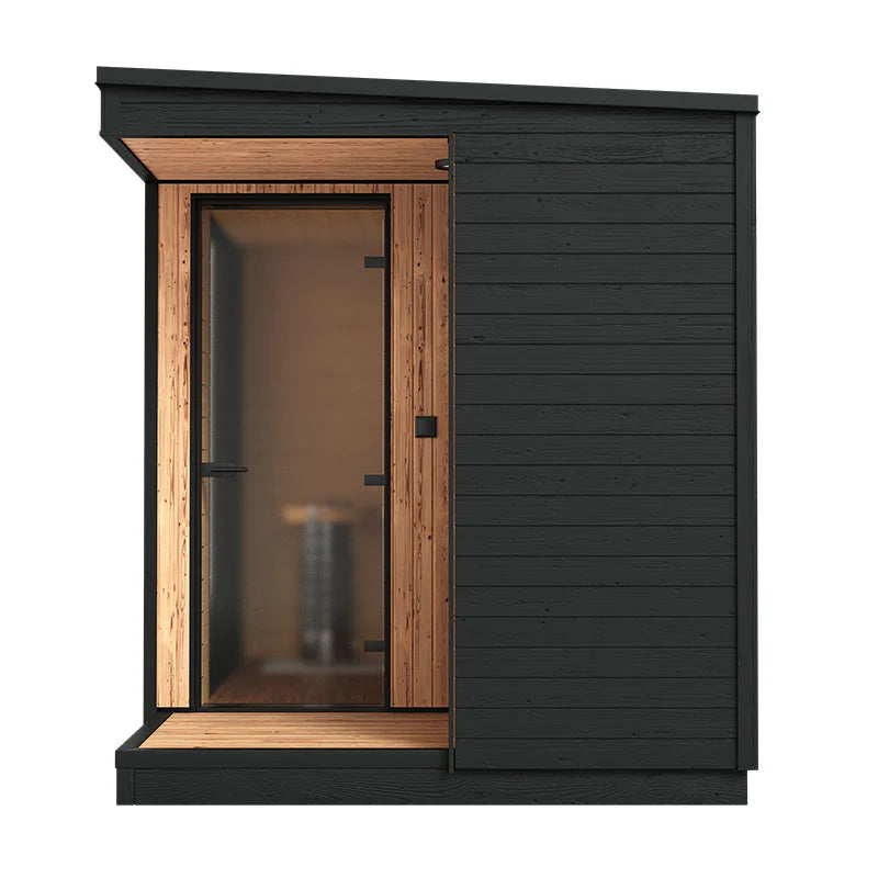 Outdoor L electric sauna with shower, glass door.