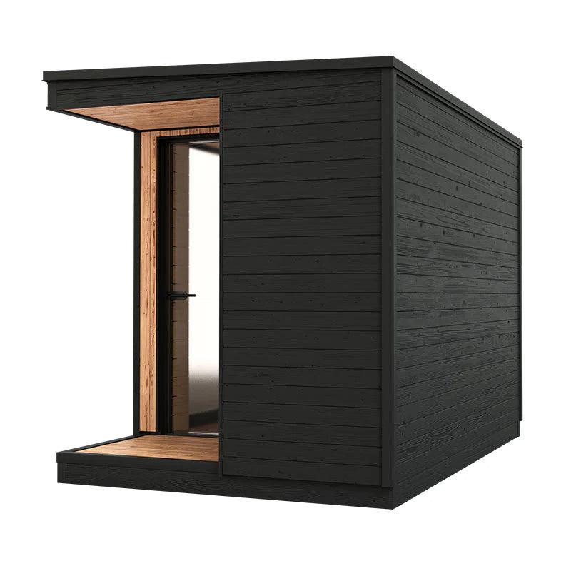 KUUT Outdoor Electric Sauna L with Shower, door open.