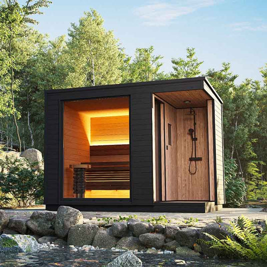 KUUT Outdoor Electric L Sauna with Shower near the river.