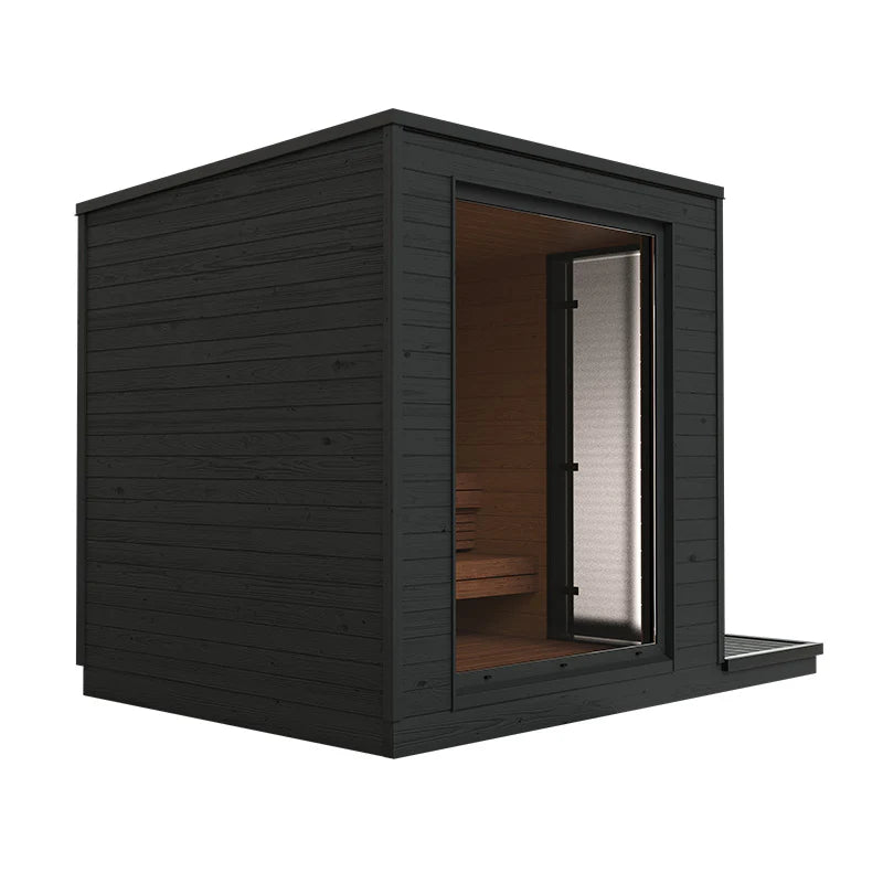 KUUT L outdoor electric sauna with visible door and window.