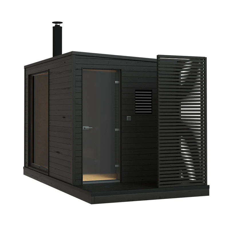 KUUT L wood-fired outdoor sauna with visible door.