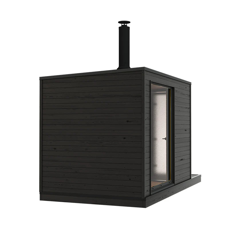 KUUT L wood-fired outdoor sauna with chimney and window.