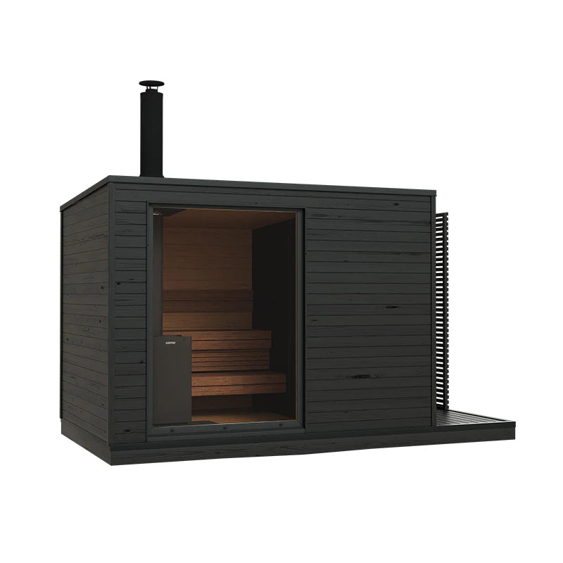 KUUT L wood-fired outdoor sauna with chimney and open door.