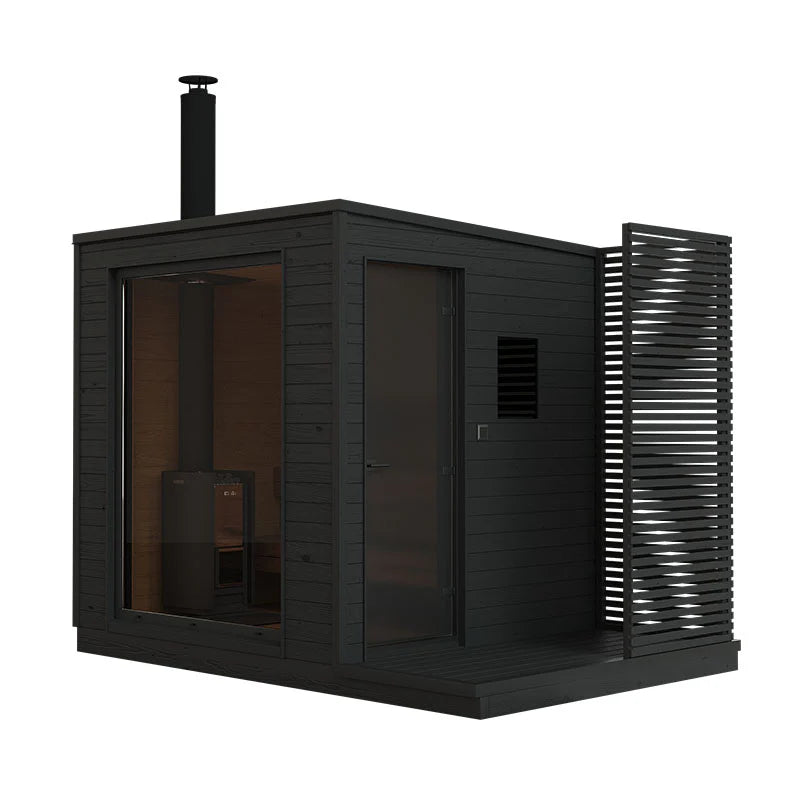 KUUT Outdoor wood-burning sauna M with glass door.