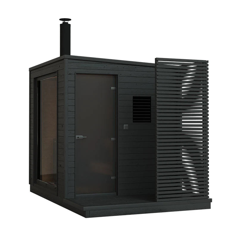 KUUT Outdoor wood-burning sauna M with black cabin and door.