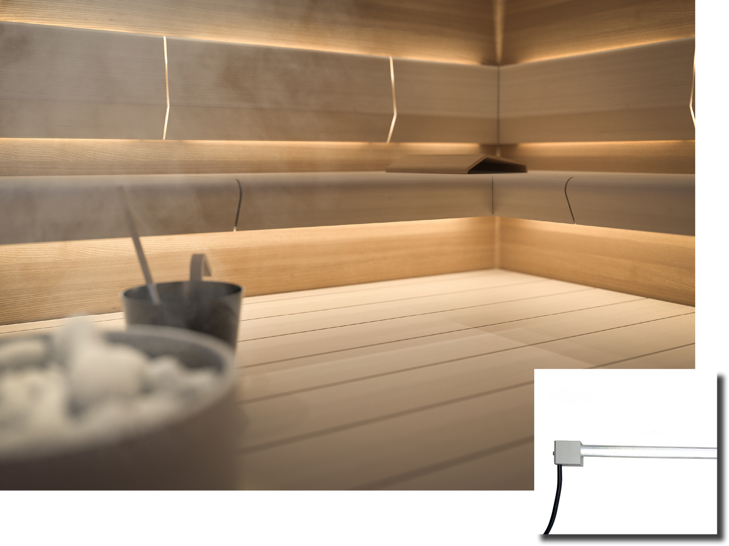 Cariitti Linear LED 2m in sauna with salt bucket.