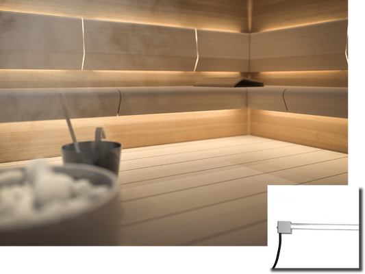 Cariitti Linear LED 2m in sauna with salt bucket.