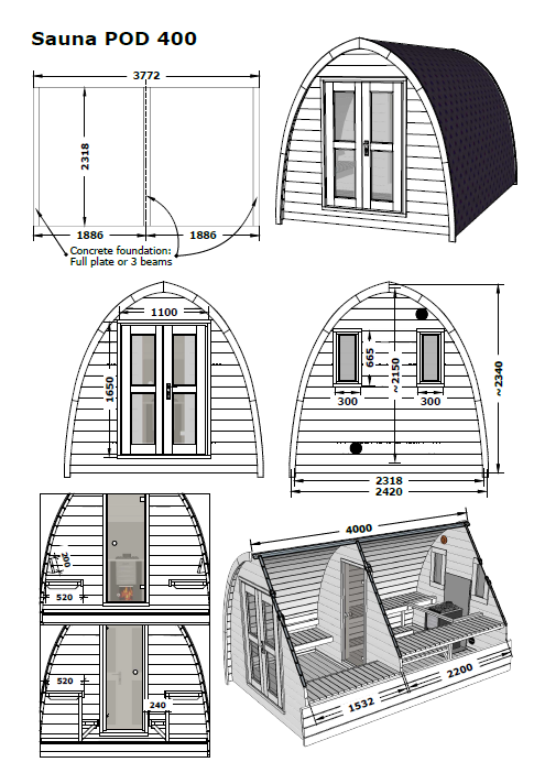 Diagram of Saunamo Pod, an innovative wooden sauna.