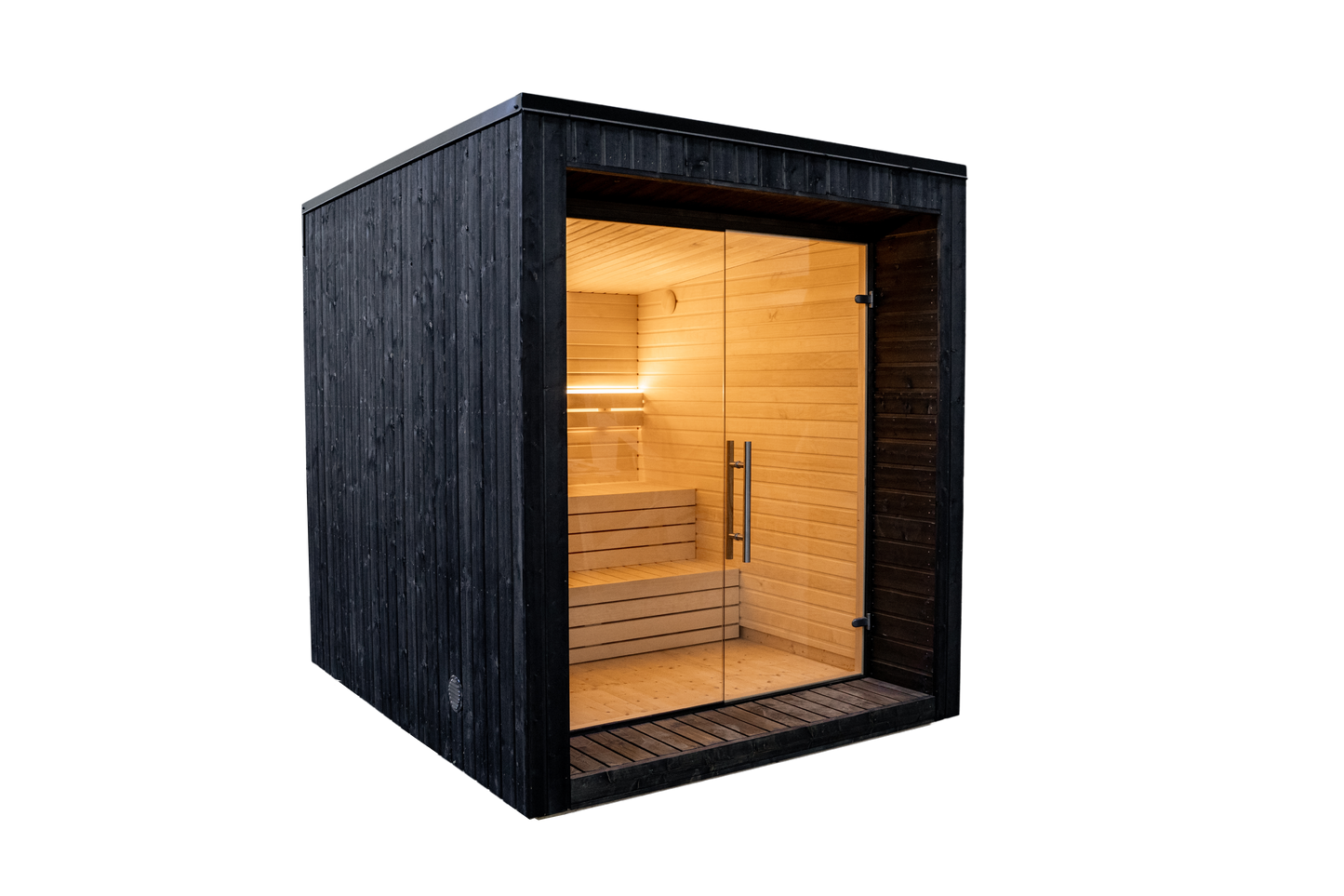 LUMI sauna with glass door and minimalist Nordic design.