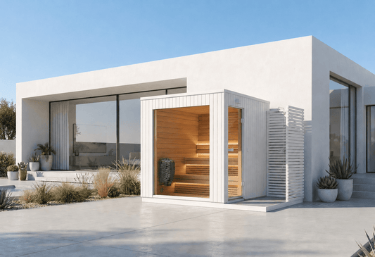 Lumia outdoor sauna with shower module