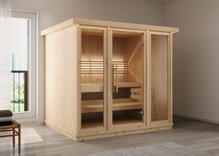 Sauna Interior Grande de madeira com portas de vidro.