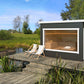 Outdoor sauna Saunamo Modular on a deck with chairs.